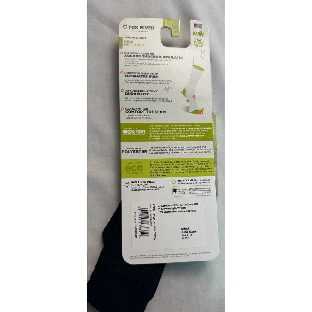 Fox River Kids Hike Trek Medium Weight Crew Socks Black Style 2902 Size Small